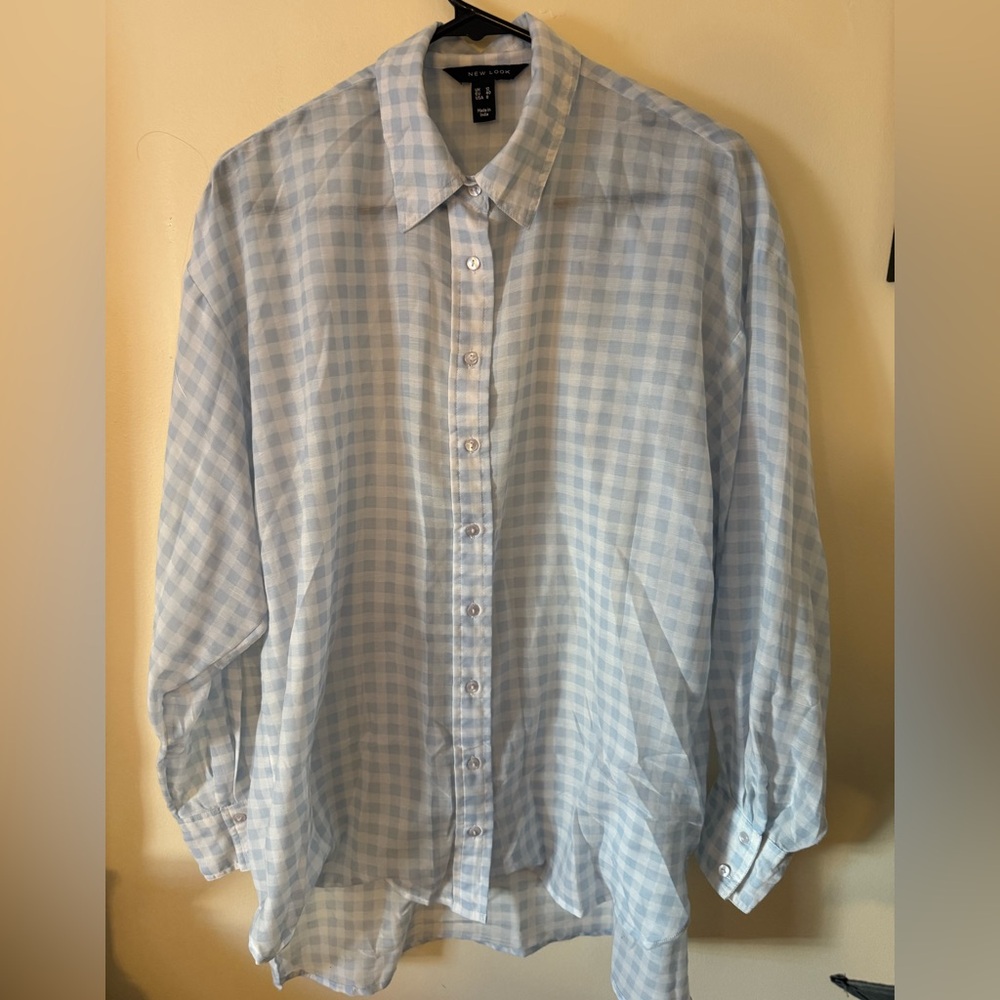 White and pale blue gingham cover shirt button up